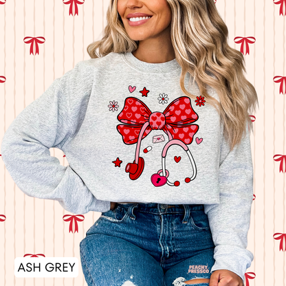 Nurse Heart Bow Stethoscope Shirt, Valentine’s Day Apparel for Health Care Workers