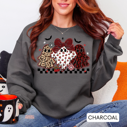 Ghost Trio Halloween Sweatshirt – Cute Aesthetic Leopard & Cherry Ghost Crewneck, Apparel