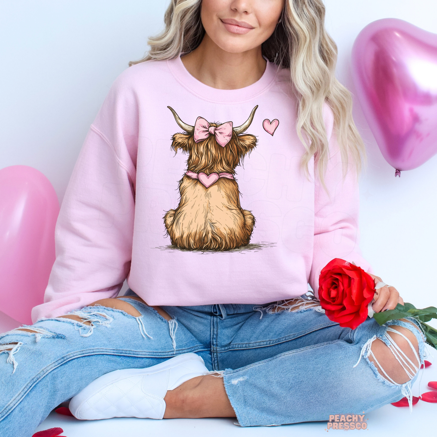 Cute Highland Cow Sweatshirt with Bow – Girly Farm Animal, Valentine’s Day Apparel