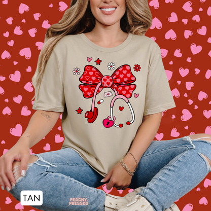Nurse Heart Bow Stethoscope Shirt, Valentine’s Day Apparel for Health Care Workers