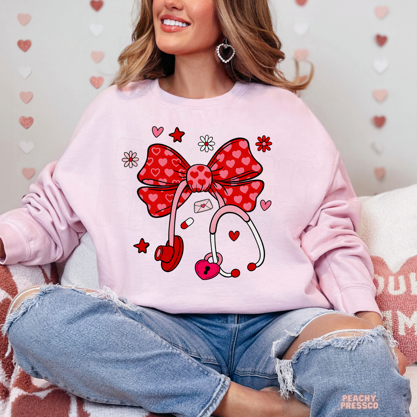 Nurse Heart Bow Stethoscope Shirt, Valentine’s Day Apparel for Health Care Workers