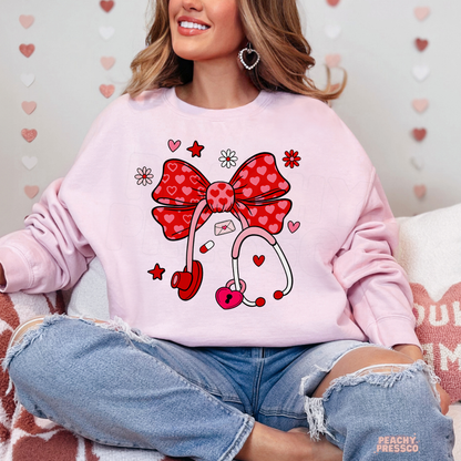 Nurse Heart Bow Stethoscope Shirt, Valentine’s Day Apparel for Health Care Workers
