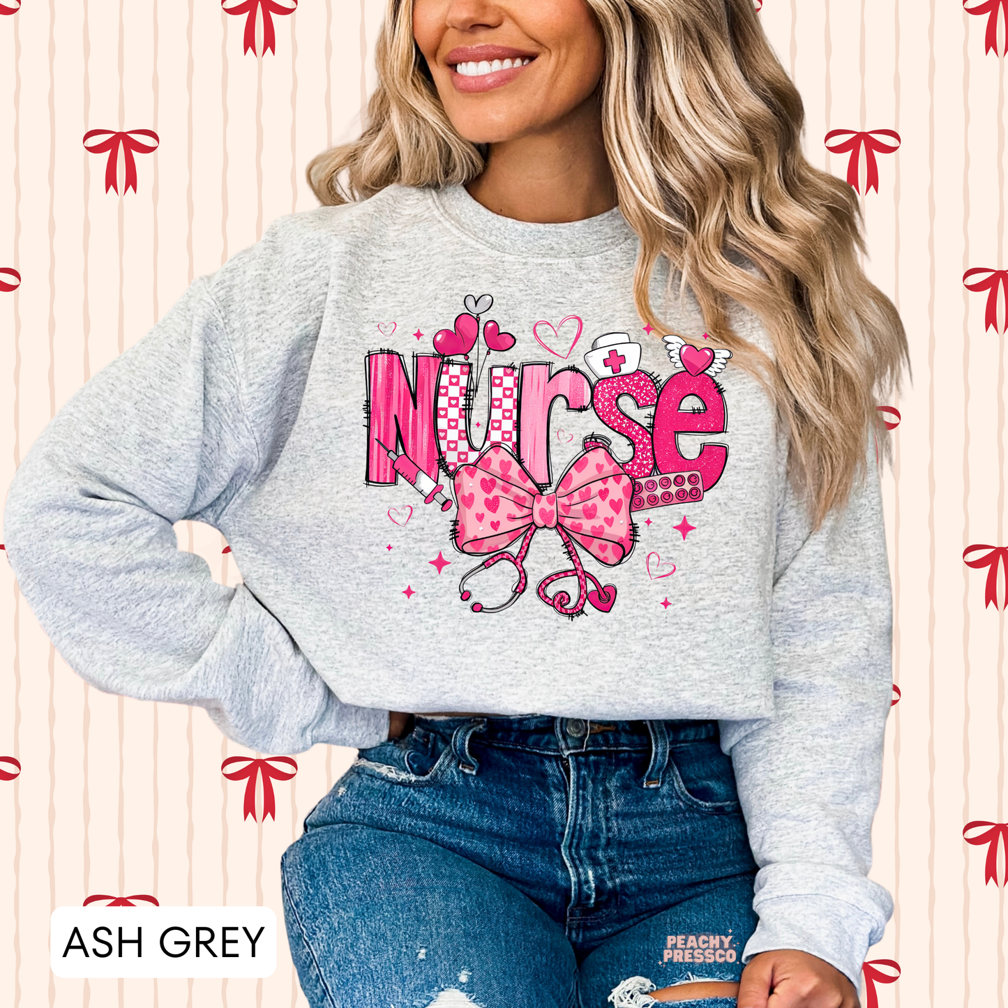 Nurse Sweatshirt for Health Care Workers | Cute Pink Bow Medical Valentine’s Day Apparel