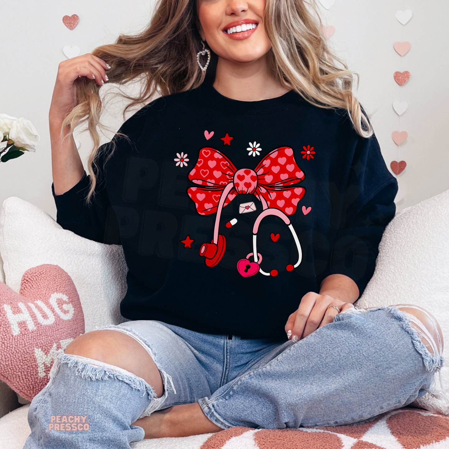 Nurse Heart Bow Stethoscope Shirt, Valentine’s Day Apparel for Health Care Workers