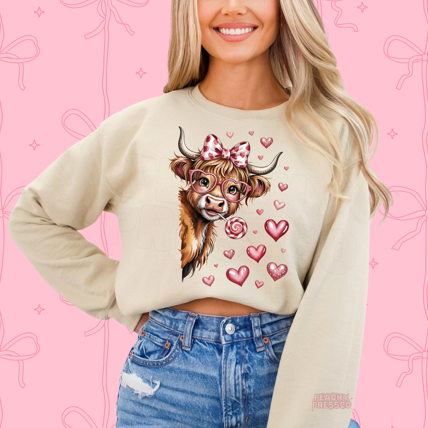 Cute Highland Cow Valentine Sweatshirt | Bow Glasses Lollipop, Valentine’s Day Apparel