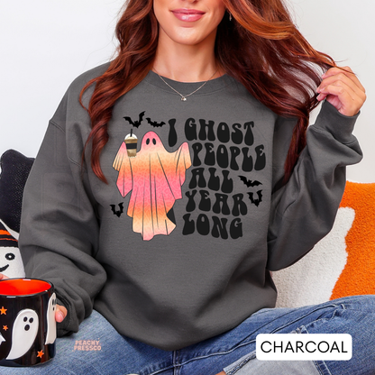 Funny I Ghost People All Year Long, Playful Ghost Graphic Shirt | Bats & Pumpkins Apparel