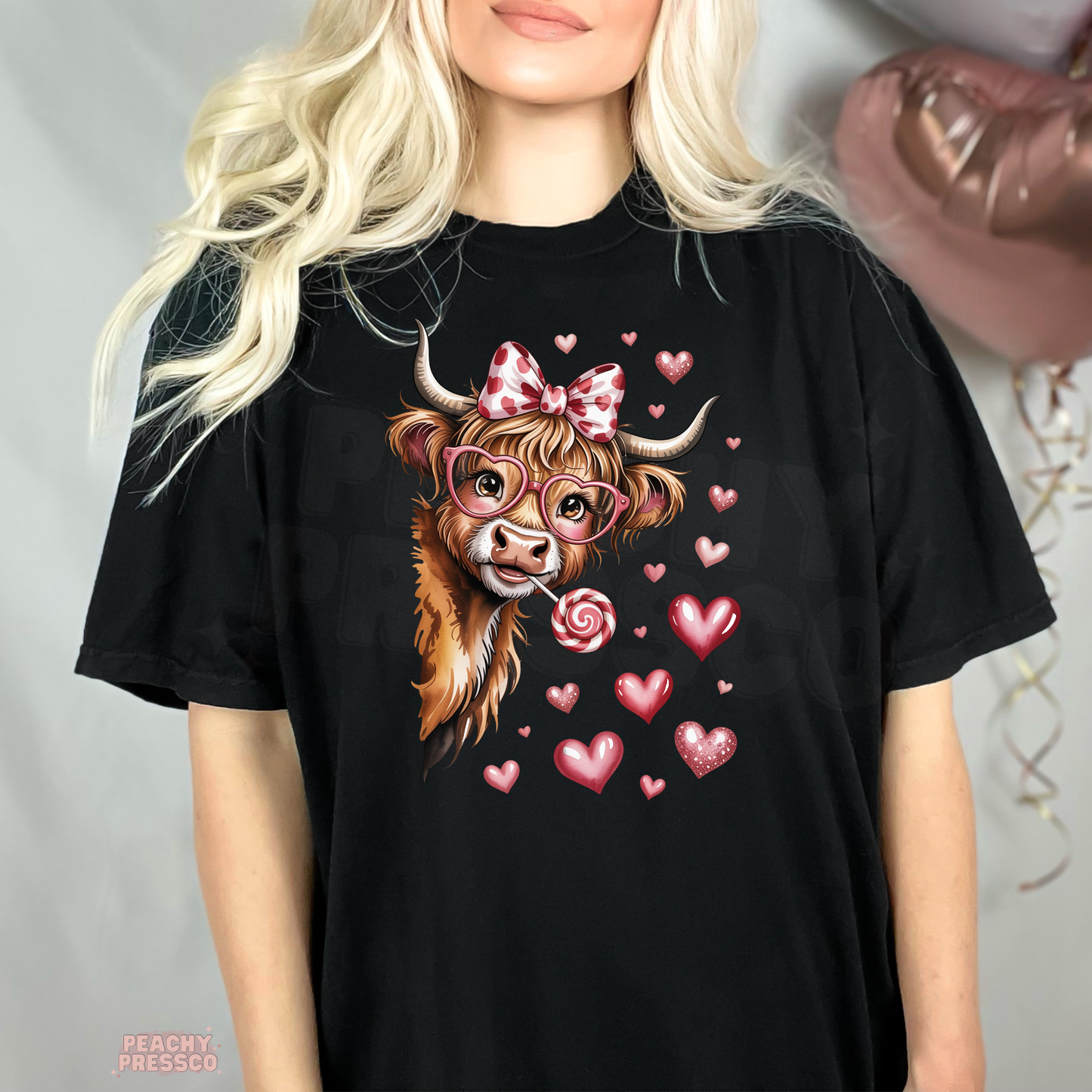 Cute Highland Cow Valentine Sweatshirt | Bow Glasses Lollipop, Valentine’s Day Apparel