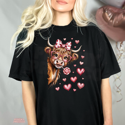 Cute Highland Cow Valentine Sweatshirt | Bow Glasses Lollipop, Valentine’s Day Apparel