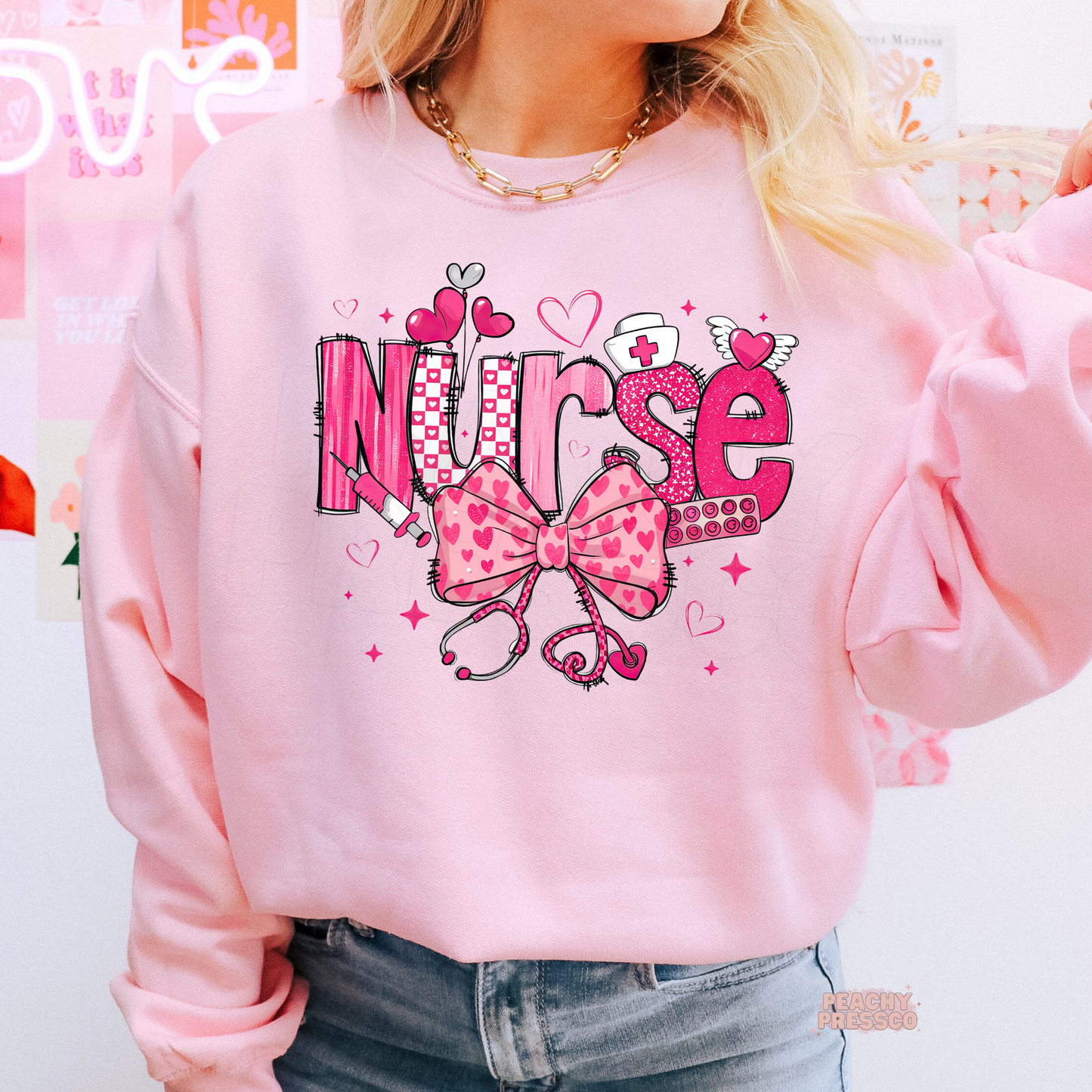 Nurse Sweatshirt for Health Care Workers | Cute Pink Bow Medical Valentine’s Day Apparel