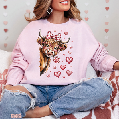 Cute Highland Cow Valentine Sweatshirt | Bow Glasses Lollipop, Valentine’s Day Apparel