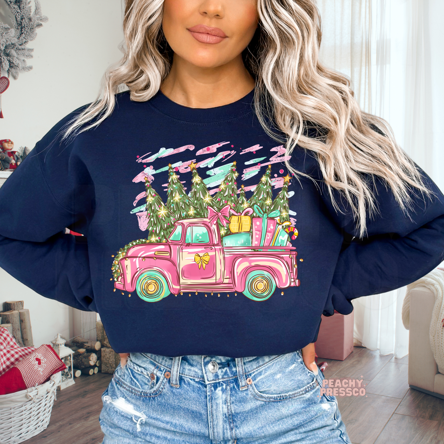 Retro Pink Christmas Truck Sweatshirt | Holiday Tree, Apparel
