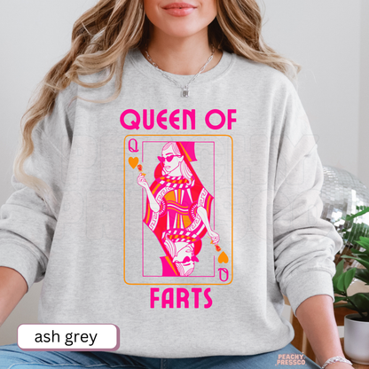 Queen of Farts Funny Graphic Sweatshirt | Cute Pink Humor Shirt | Gag Gift for Her | Retro Graphic Apparel