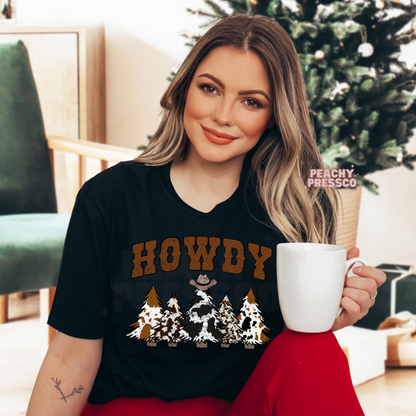Howdy Holidays Cowboy Christmas Hoodie – Rustic Charm with Cowprint Trees Apparel