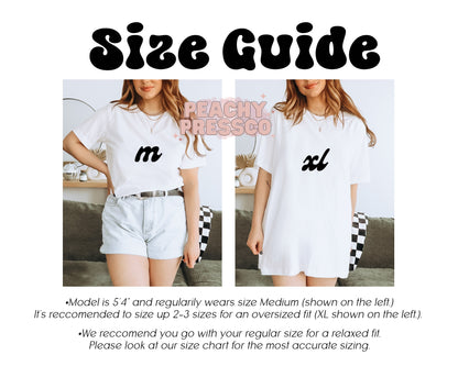 Size guide showing a person wearing a white t-shirt with size labels 'm' and 'xl'.