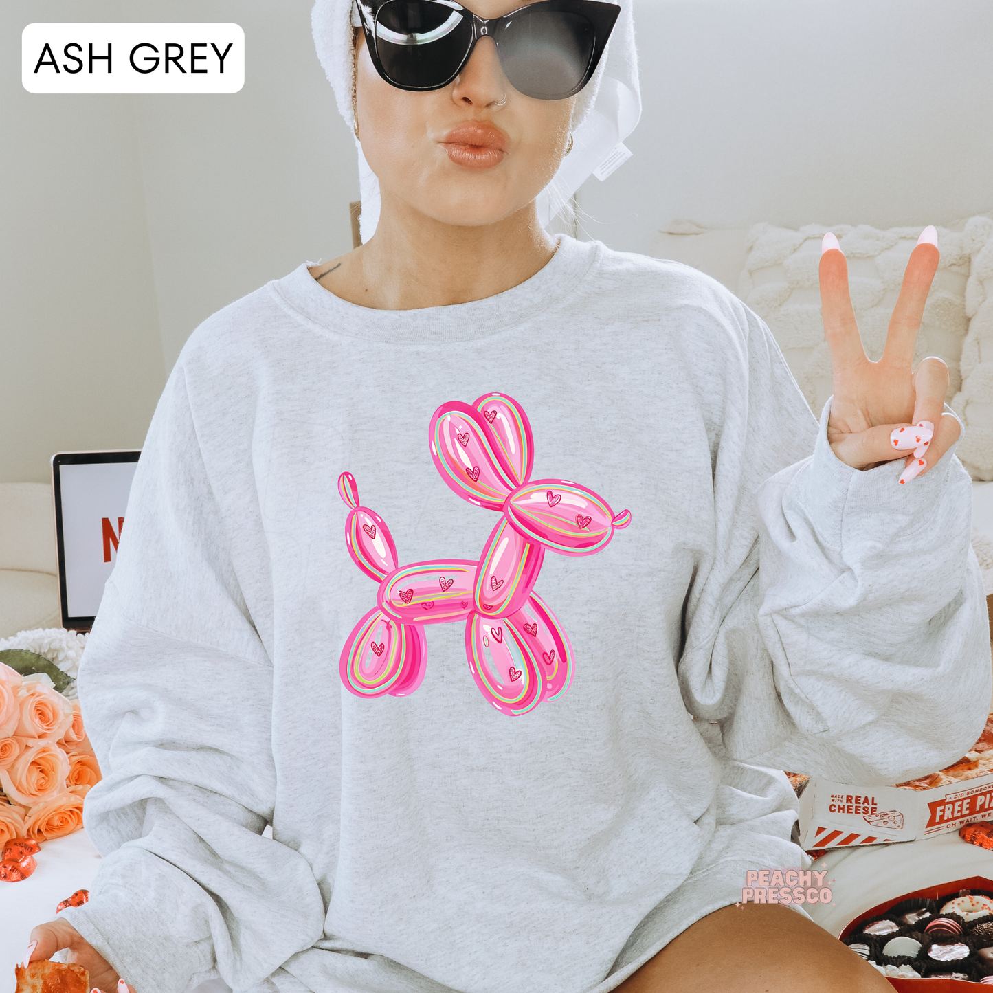 Pink Heart Balloon Dog Sweatshirt – Trendy Cute Love, Valentine’s Day Apparel