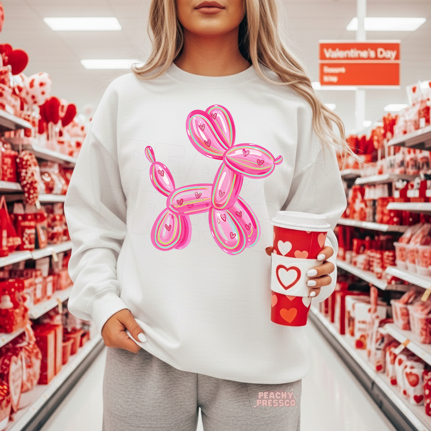 Pink Heart Balloon Dog Sweatshirt – Trendy Cute Love, Valentine’s Day Apparel