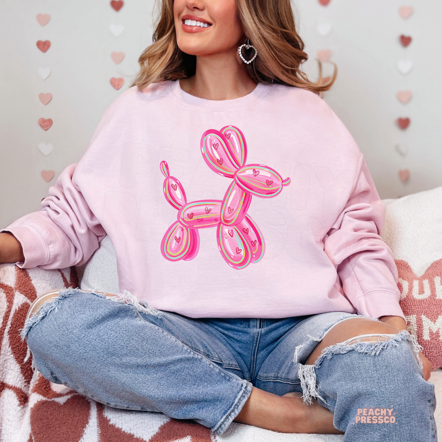 Pink Heart Balloon Dog Sweatshirt – Trendy Cute Love, Valentine’s Day Apparel