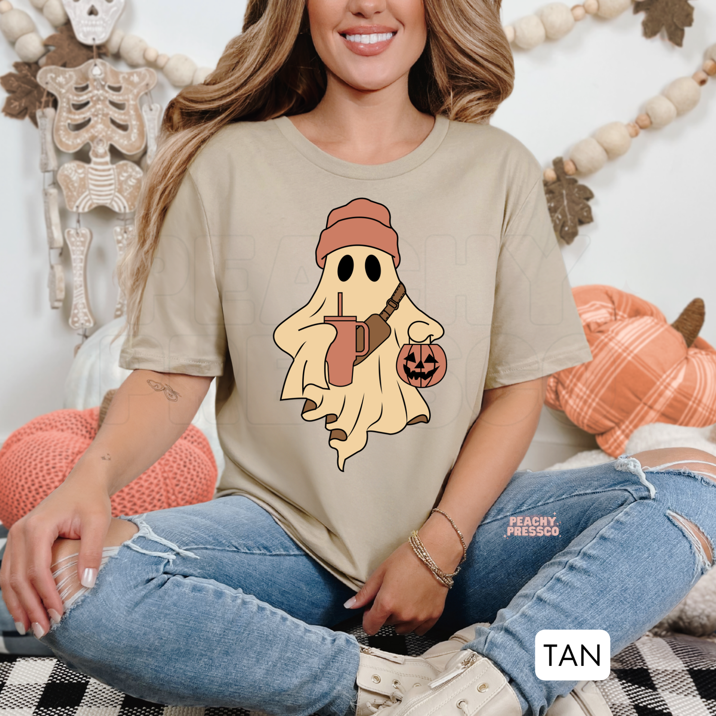 Ghost with Pumpkin & Drink Shirt | Cute Halloween Graphic Crewneck, Apparel
