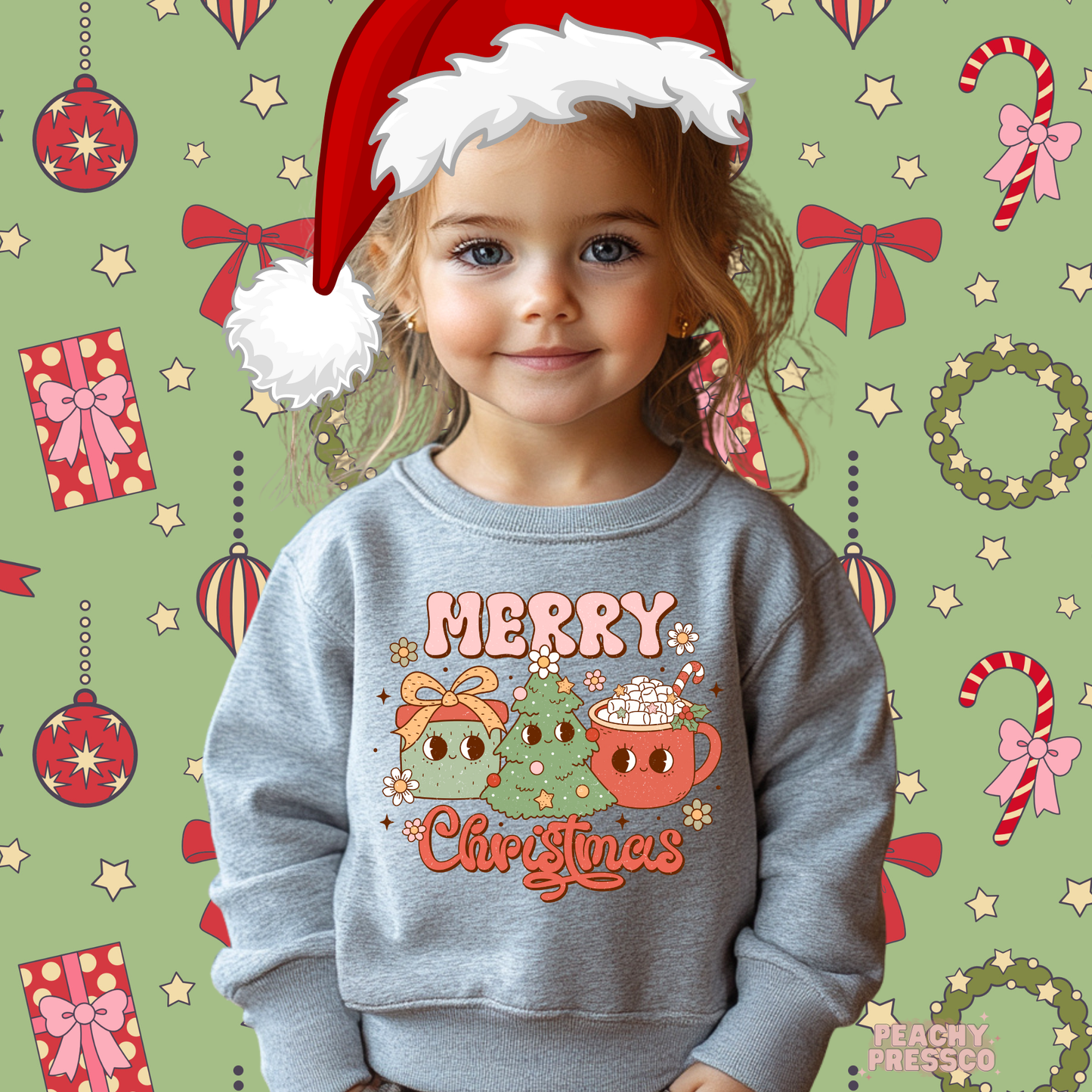 Cute Kids Merry Christmas Sweatshirt – Smiling Tree & Hot Cocoa Joy, Holiday Apparel