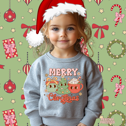 Cute Kids Merry Christmas Sweatshirt – Smiling Tree & Hot Cocoa Joy, Holiday Apparel