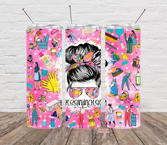 20 oz pink Cleaning Lady skinny tumbler featuring messy bun hairstyle, colorful bow, sunglasses, cleaning tools and housekeeper illustrations.