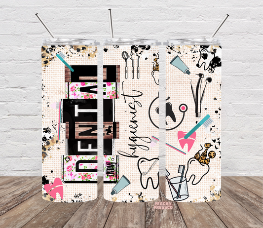 20 oz dental hygienist skinny tumbler featuring floral lettering, dental instruments, toothbrushes, teeth and pink accents, shown from three angles.