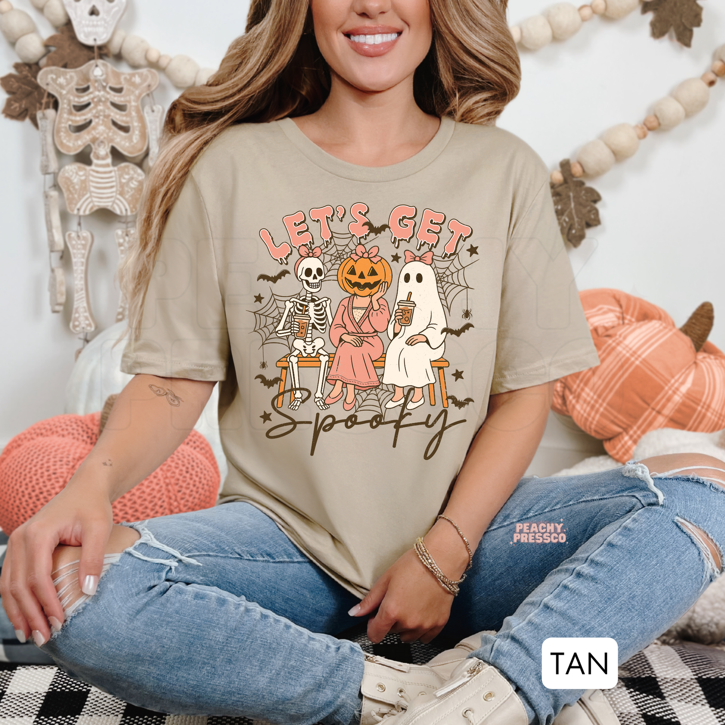 Let's Get Spooky Halloween Trio Shirt | Skeleton, Pumpkin Head & Ghost Crewneck, Apparel