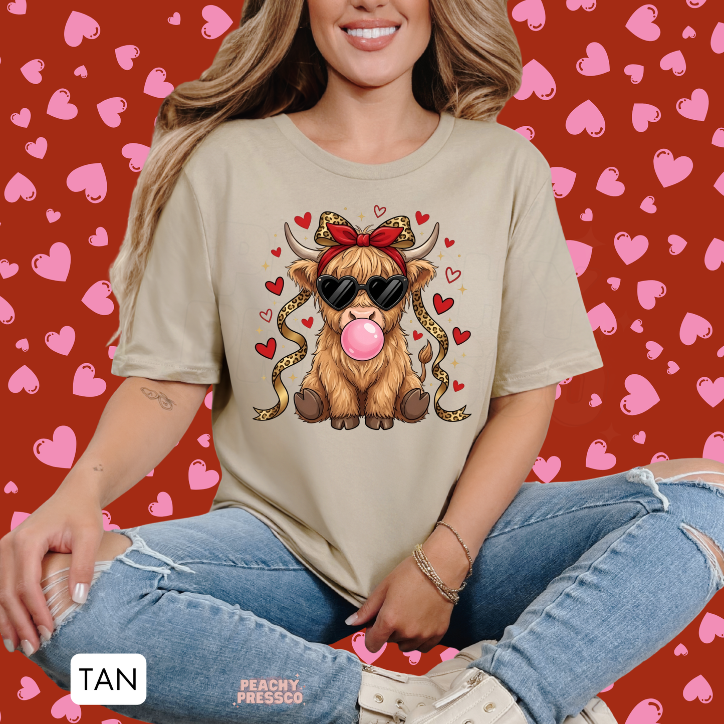 Cute Highland Cow Sweatshirt | Heart Glasses Bubblegum, Valentine’s Day Apparel