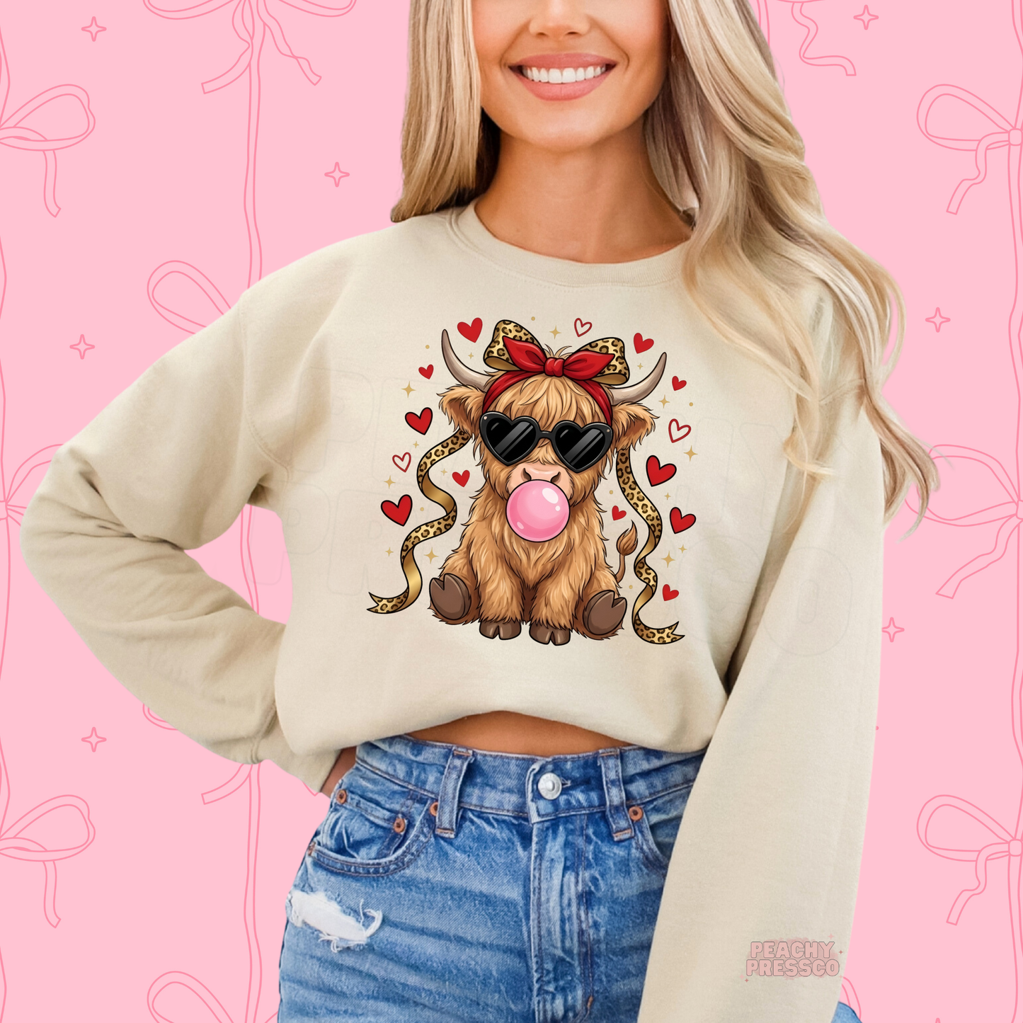 Cute Highland Cow Sweatshirt | Heart Glasses Bubblegum, Valentine’s Day Apparel