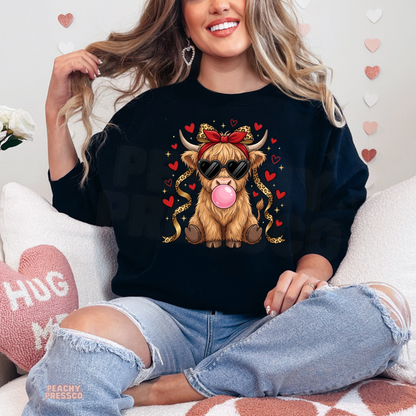 Cute Highland Cow Sweatshirt | Heart Glasses Bubblegum, Valentine’s Day Apparel