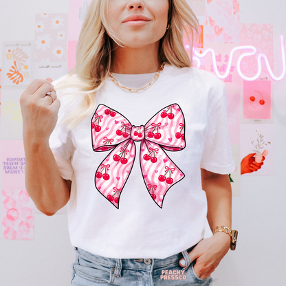 Pink Cherry Bow Shirt – Cute Coquette Valentine’s Day Apparel