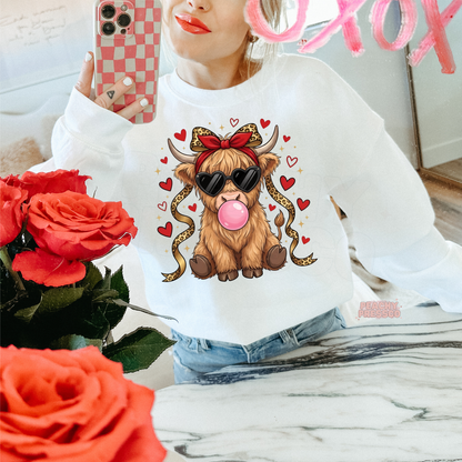 Cute Highland Cow Sweatshirt | Heart Glasses Bubblegum, Valentine’s Day Apparel