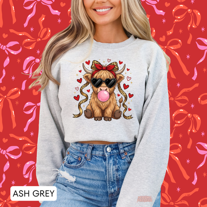 Cute Highland Cow Sweatshirt | Heart Glasses Bubblegum, Valentine’s Day Apparel