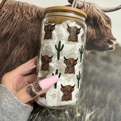 Highland Cow & Cactus 16oz Glass Cup – Western Boho Glass