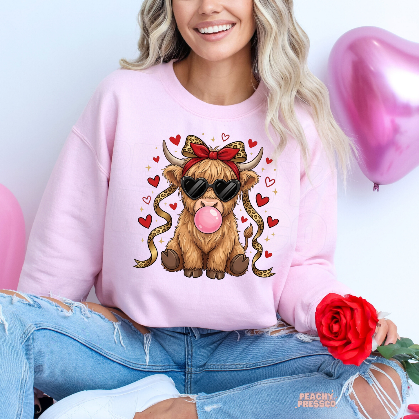 Cute Highland Cow Sweatshirt | Heart Glasses Bubblegum, Valentine’s Day Apparel
