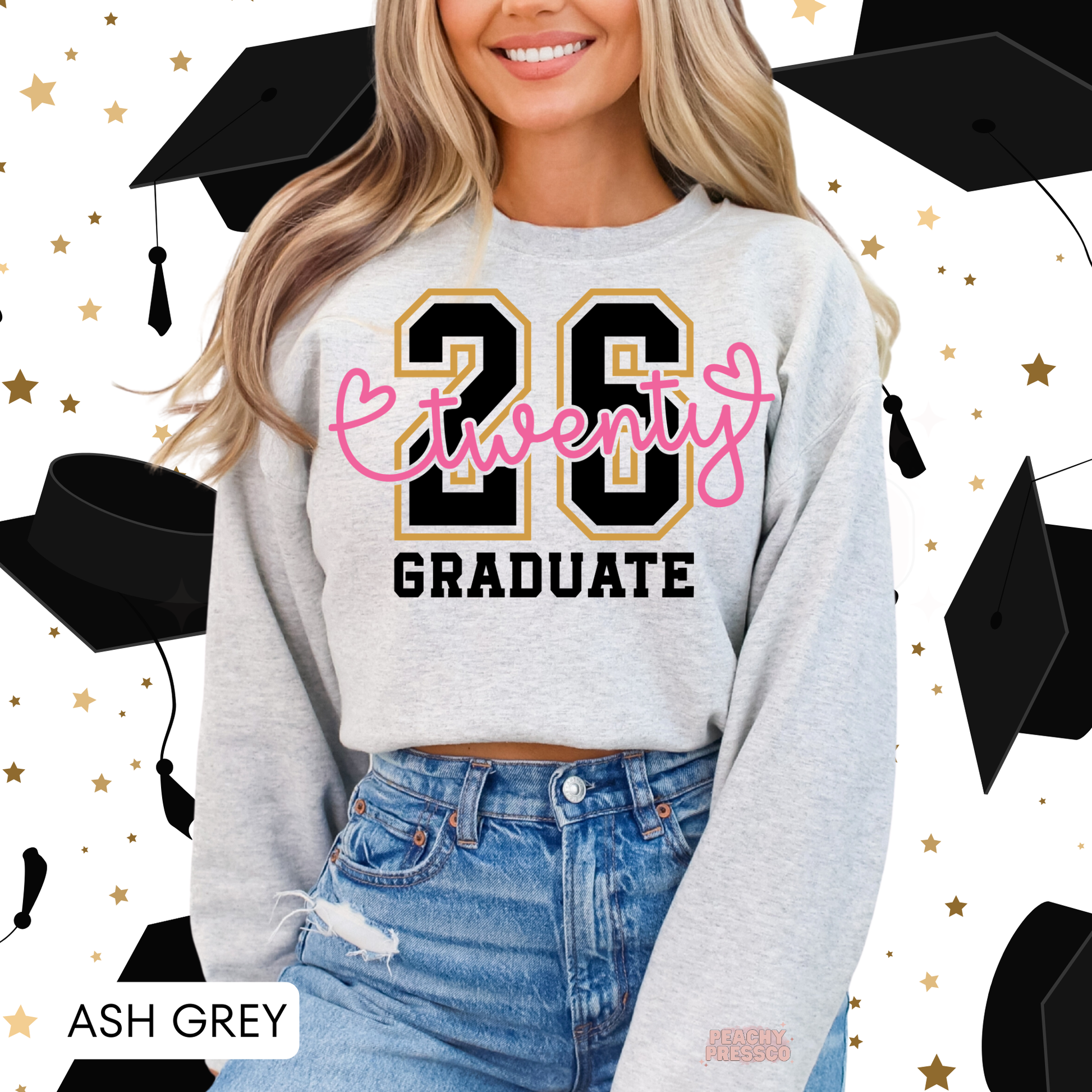 Ash grey Class of 2026 graduate sweatshirt with varsity graduation design