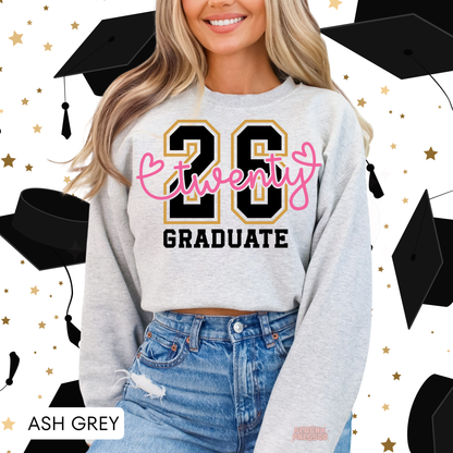 Ash grey Class of 2026 graduate sweatshirt with varsity graduation design