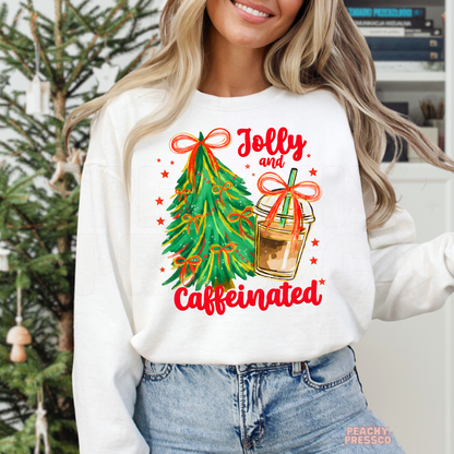 Jolly and Caffeinated Christmas Sweatshirt | Holiday Coffee Lover, Apparel