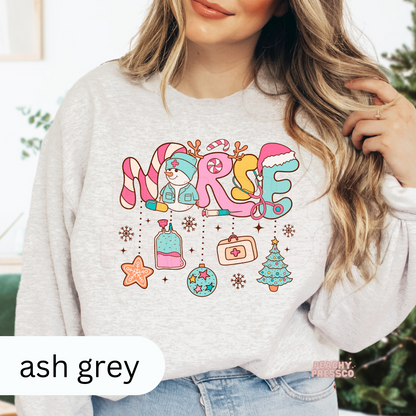 Cute Nurse Christmas Sweatshirt – Candy Cane Lettering & Medical Ornaments Apparel