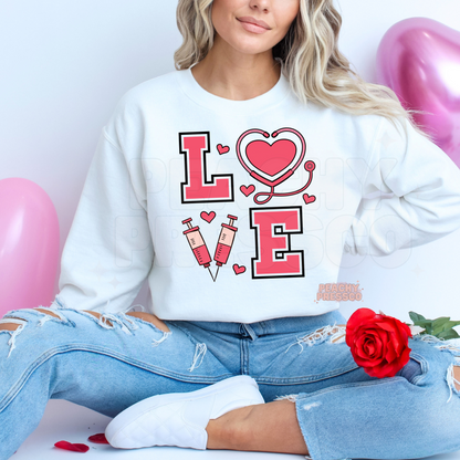LOVE Nurse Sweatshirt – Valentine’s Day Nurse Gift With Syringe & Stethoscope