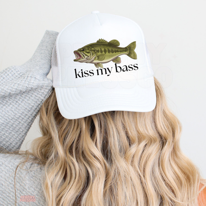 Women’s white fishing trucker hat with bass illustration and Kiss My Bass saying – cute lake life and outdoor summer accessory.