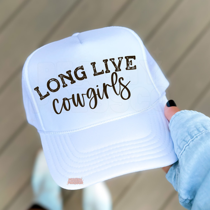 White trucker hat with “Long Live Cowgirls” western graphic.
