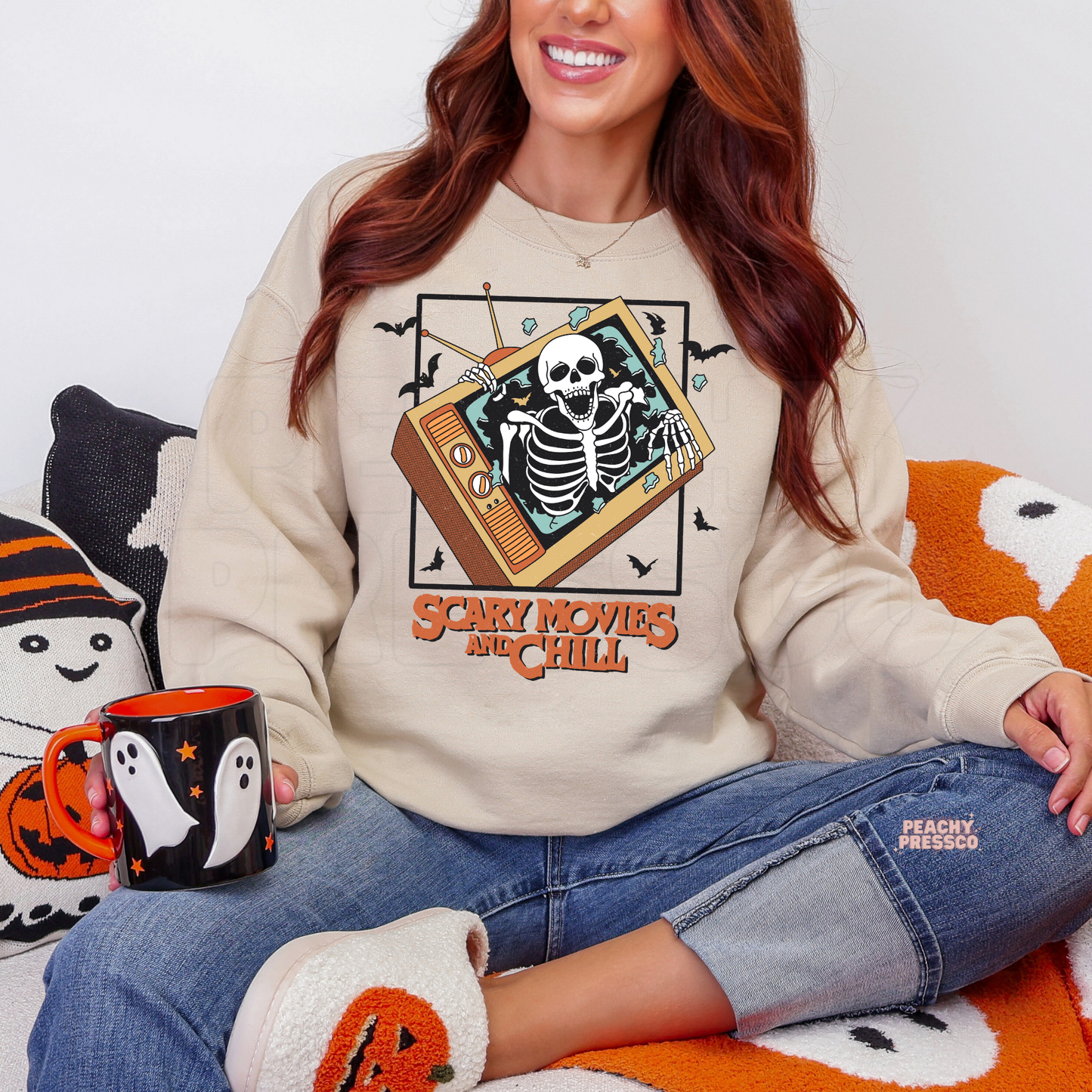 Scary Movies and Chill, Retro TV Skeleton Graphic Shirt | Halloween Movie Night Vibes Apparel