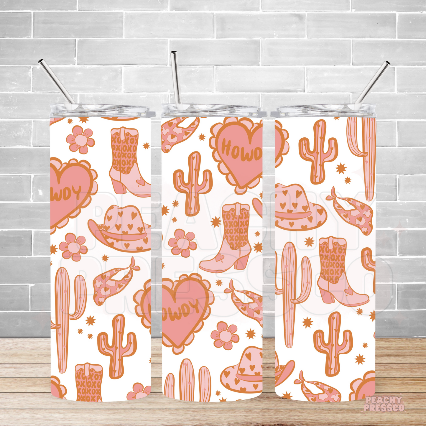 Howdy Western Tumbler – Pink Cow Girl Boots, Cactus & Cow Boy Hat Design