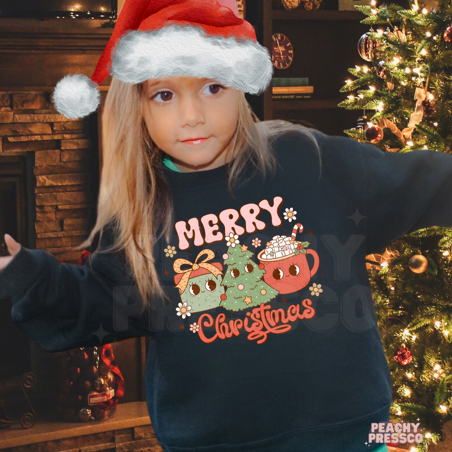 Cute Kids Merry Christmas Sweatshirt – Smiling Tree & Hot Cocoa Joy, Holiday Apparel