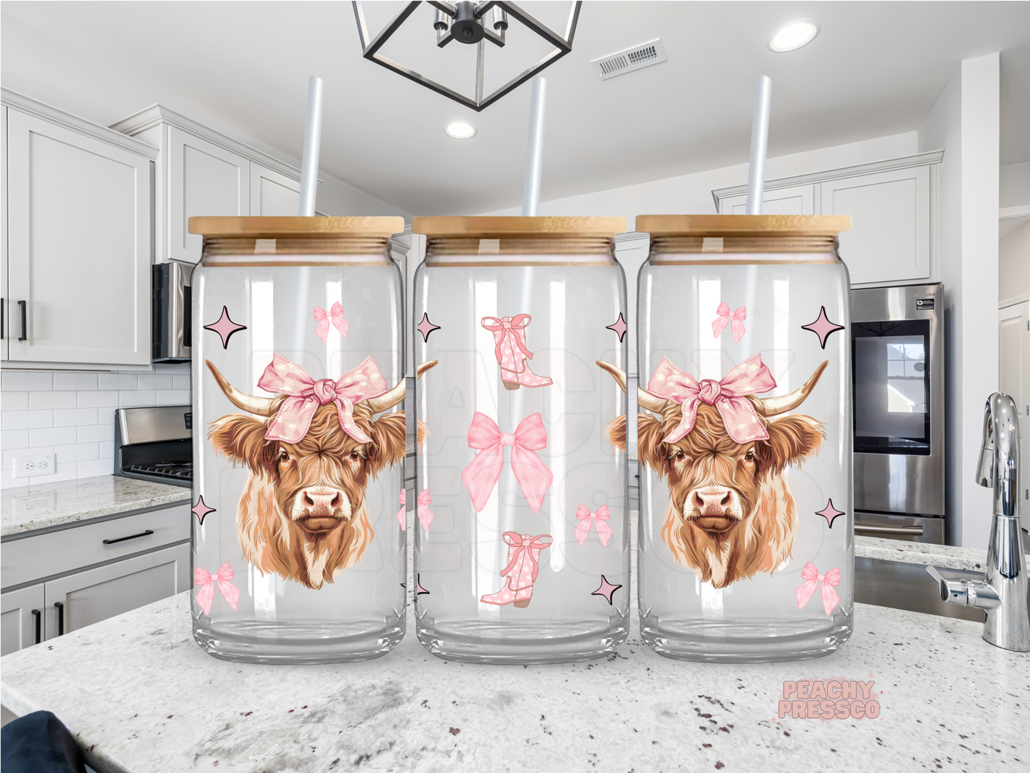 Pink Bow Aesthetic Iced Coffee Glass Cup, Cute Highland Cow