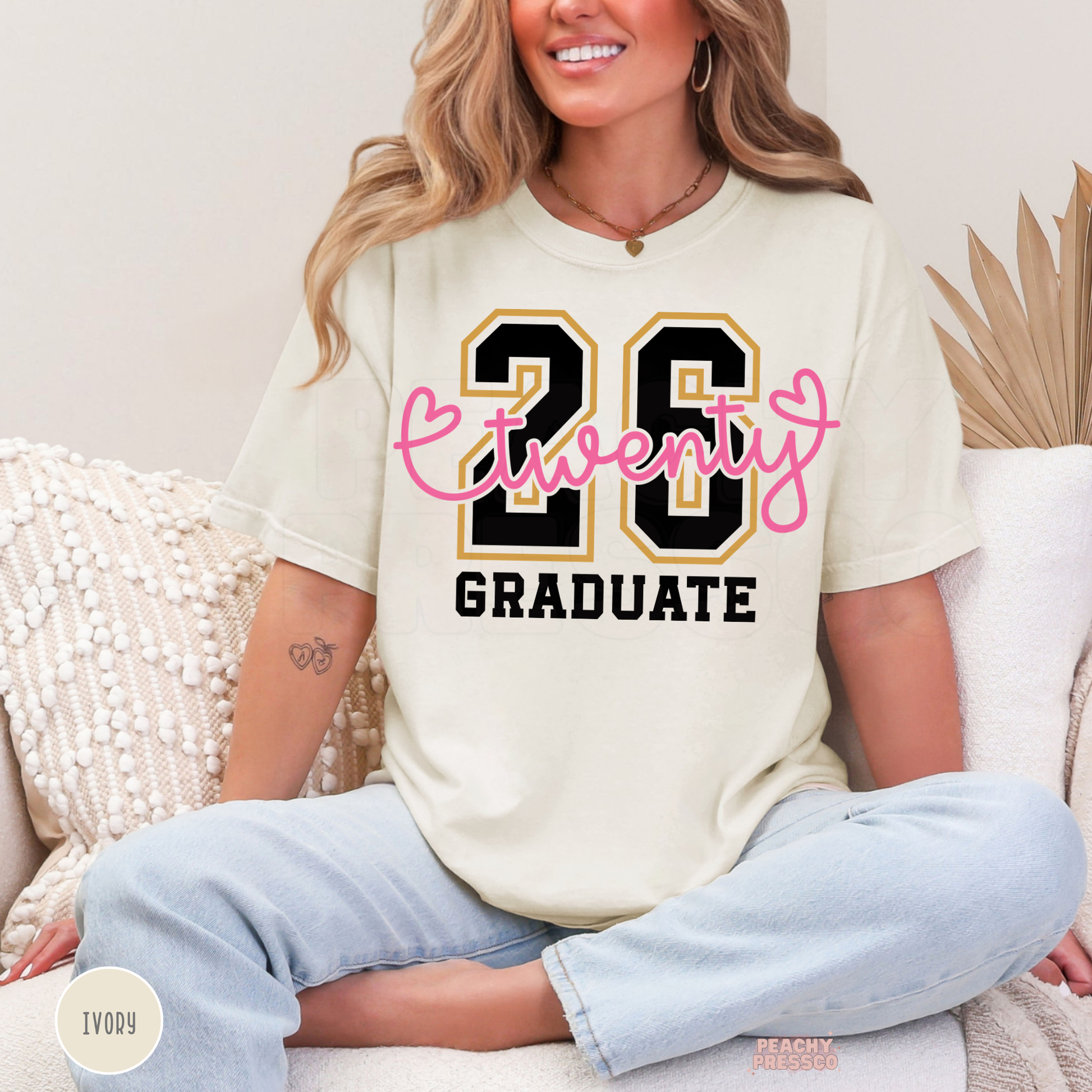 Ivory Class of 2026 graduate shirt with trendy pink graduation graphic