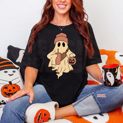 Ghost with Pumpkin & Drink Shirt | Cute Halloween Graphic Crewneck, Apparel