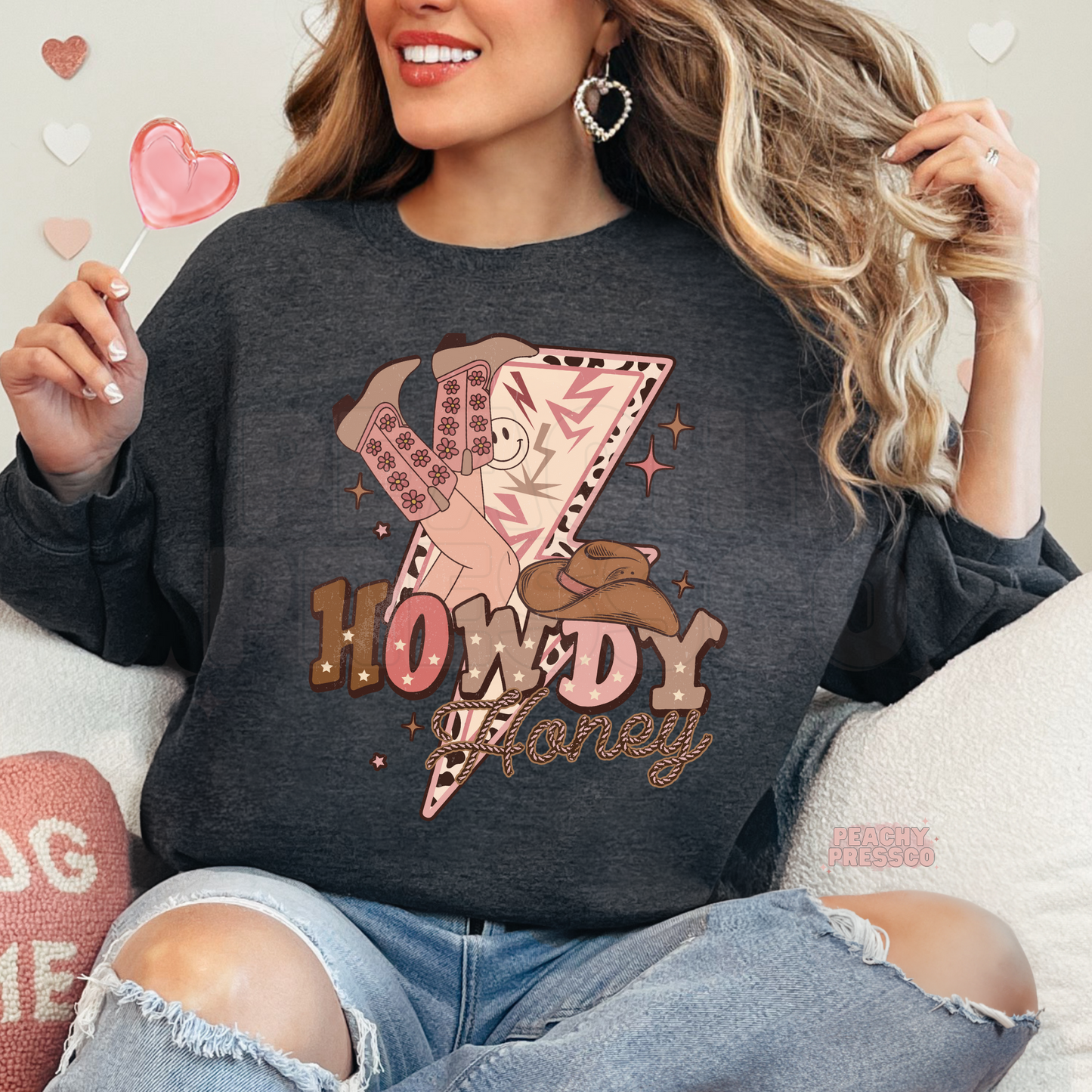 Howdy Honey Western Cow Girl Graphic Sweatshirt – Retro Valentine's Day Pullover
