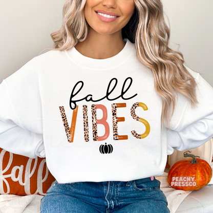 Fall Vibes Script Sweatshirt – Animal Print Lettering, Pumpkin Apparel